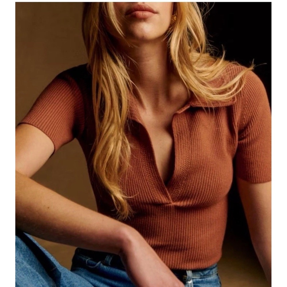 Sezane Eloy Jumper Top Knit Ribbed Short Sleeve Polo Camel Brown - XXSmall